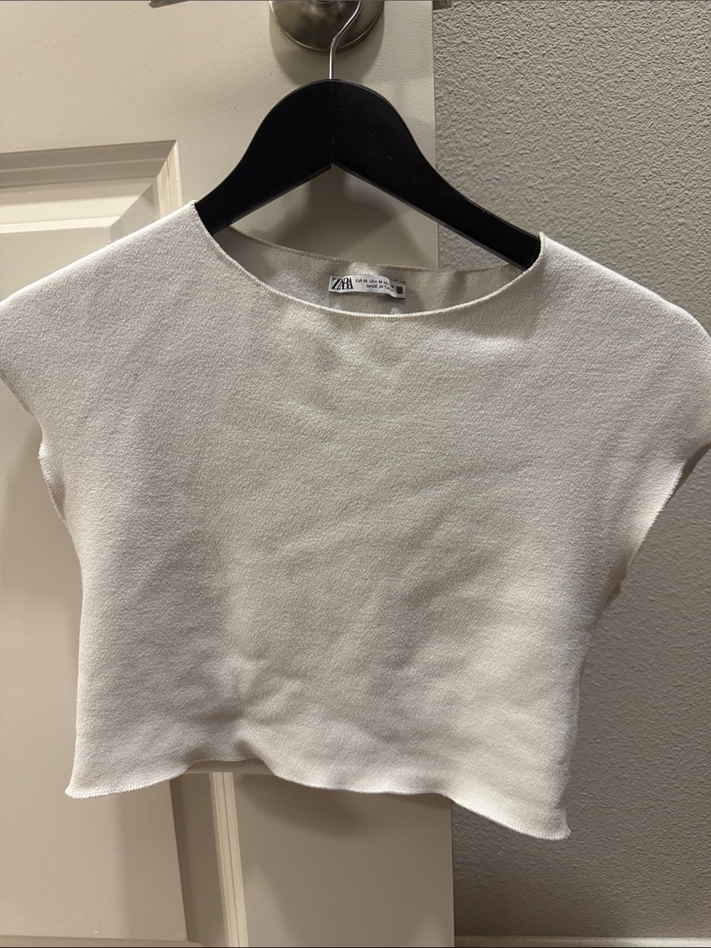 Zara Cream Textured Cropped Boat Neck Top